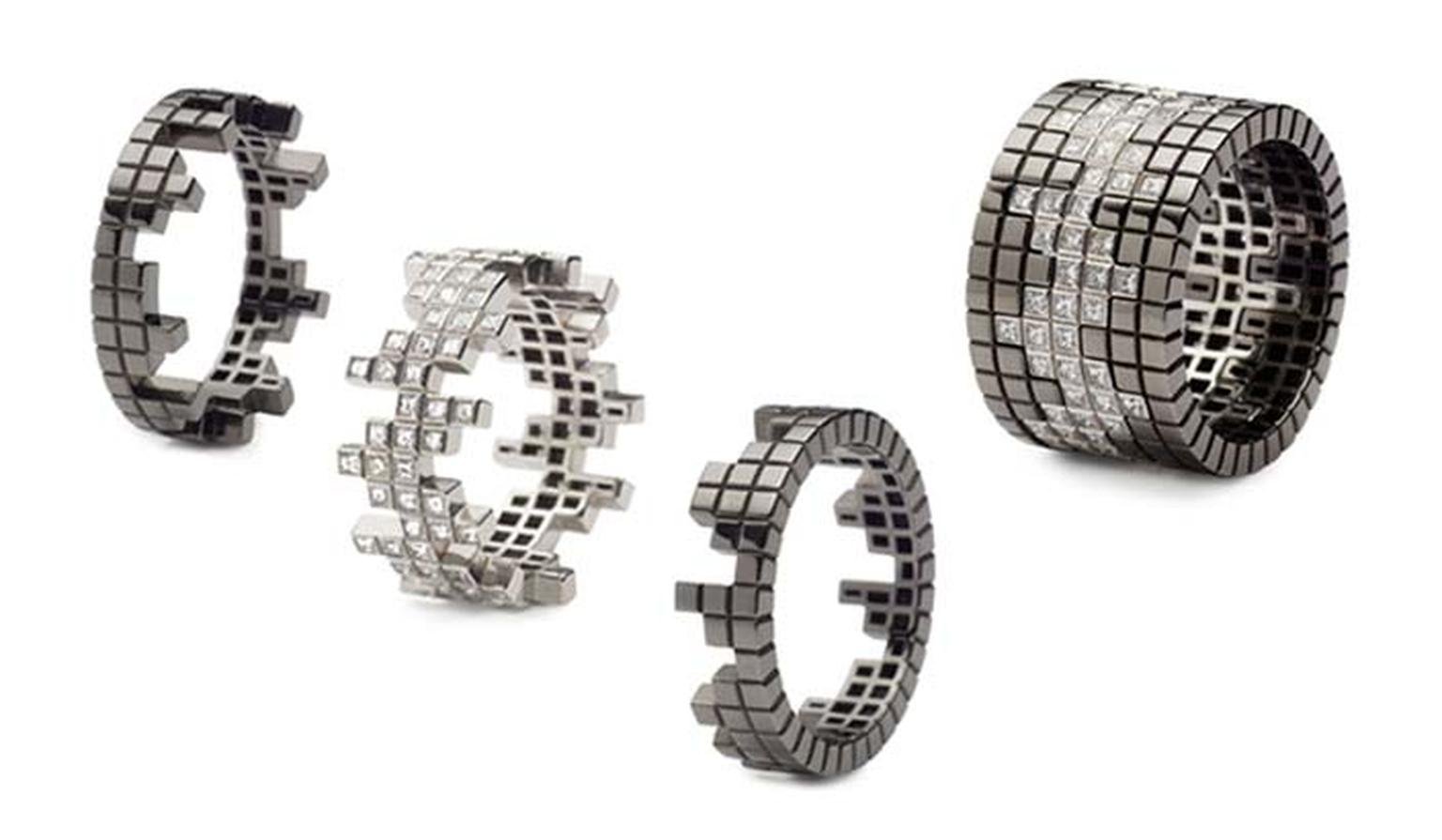 Francesca Grima stackable rings in white gold with diamonds and blackened gold, from the Pixel collection.