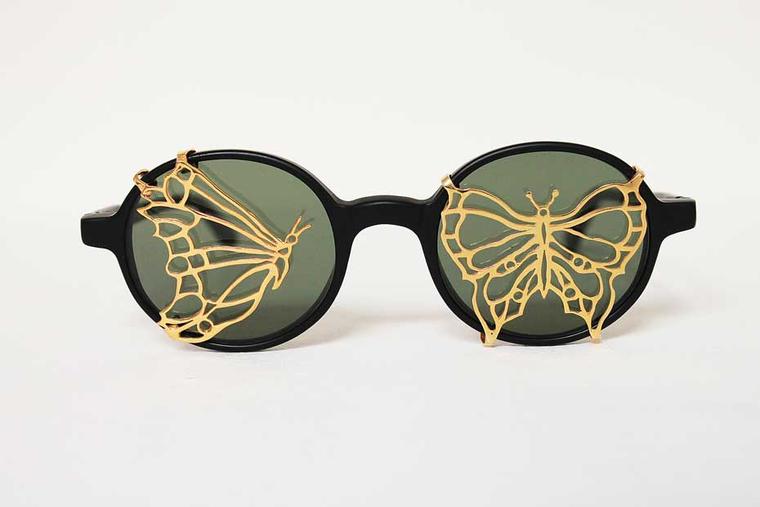Maskhara with Butterflies sunglasses in gold plated silver and enamel, available in a signed and numbered limited edition of 25, by Iranian artist Avish Khebrehzadeh for L.G.R.