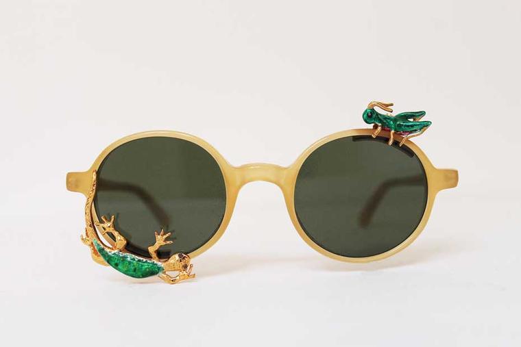 Avish Khebrehzadeh Maskhara with Lizard and Cricket L.G.R limited-edition sunglasses in gold-plated silver and enamel with black diamonds.