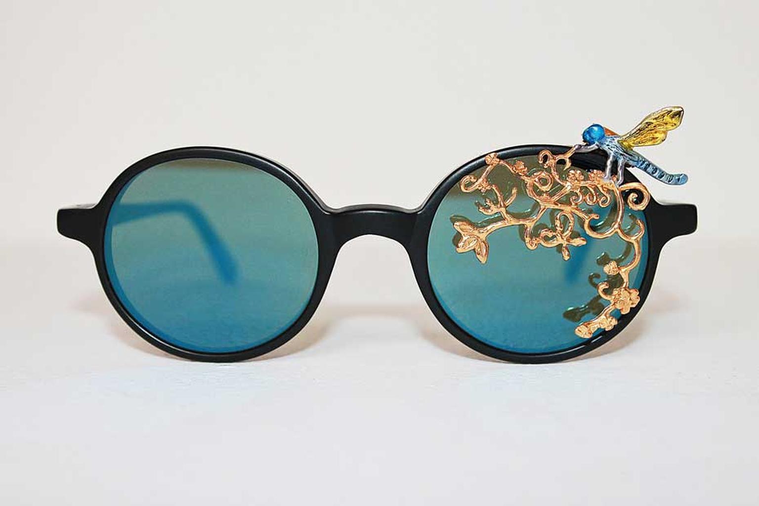 Maskhara with Dragonfly sunglasses in gold-plated silver and enamel, available in a signed and numbered limited edition of 25, created by Iranian artist Avish Khebrehzadeh for L.G.R.