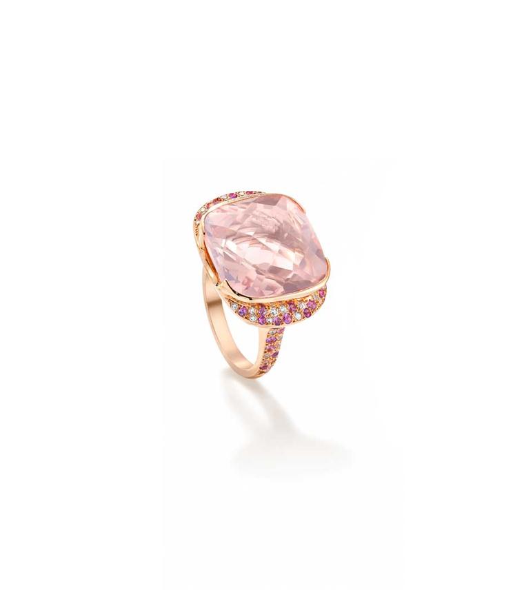 Robinson Pelham rose gold ring from the Capsule collection featuring a chequerboard top rose quartz surrounded by pink sapphires and diamonds.