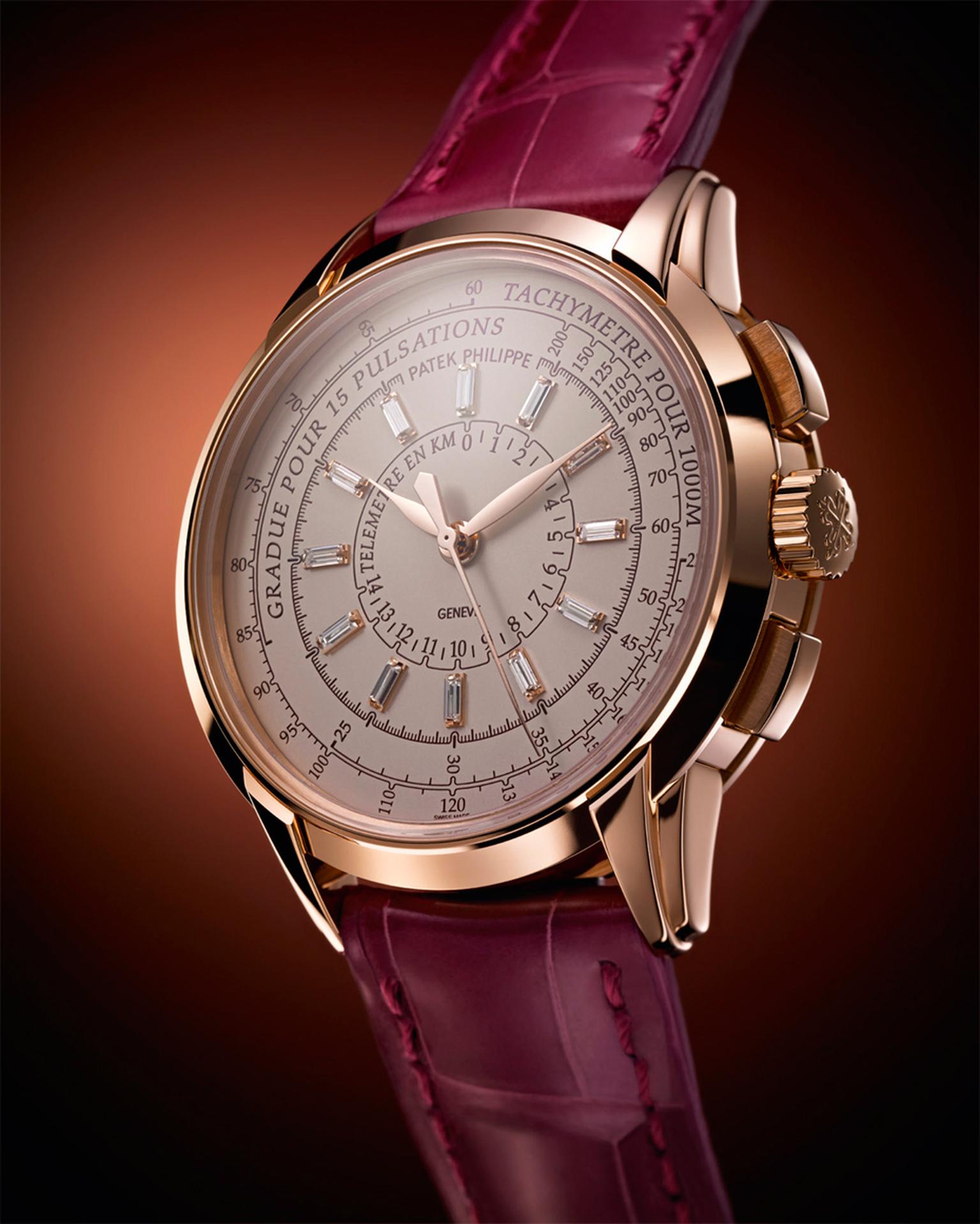 Patek Philippe Multi-Scale Chronograph Reference 4675 forms part of the 175th Anniversary collection and features three logarithmic scales that can be used to compute speed via a tachymeter, distance with a telemeter and heartbeats per minute with a pulso
