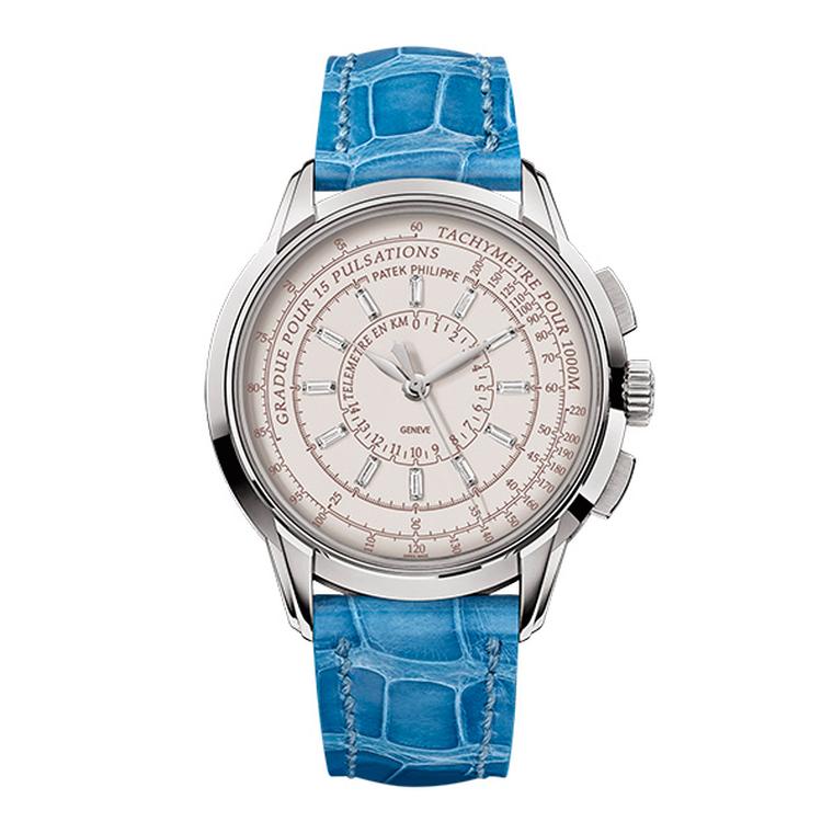 Patek Philippe Multi-Scale Chronograph Reference 4675 is a 37mm ladies' watch and is limited to 150 pieces in either white or rose gold and is presented on a blue or purple alligator strap.