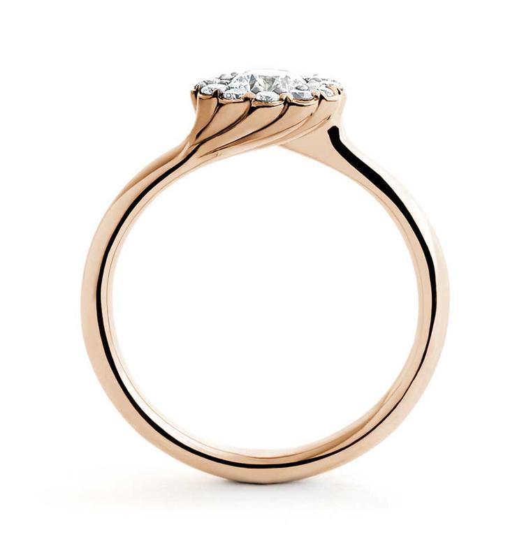 A side-on view of the aptly named Cannelé Twist engagement ring in rose gold by Andrew Geoghegan.