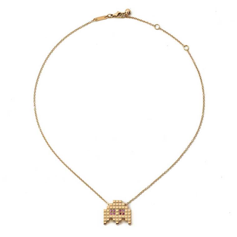 Francesca Grima Invader II necklace in polished yellow gold and princess-cut pink sapphires.