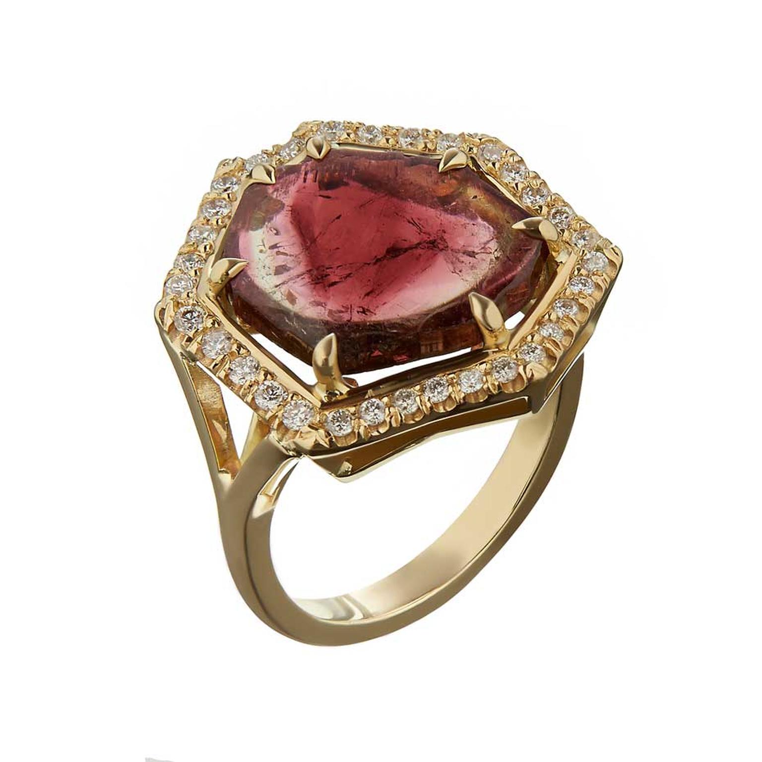 Tessa Packard Brighton Rocks ring in yellow gold, set with a watermelon tourmaline and diamonds.
