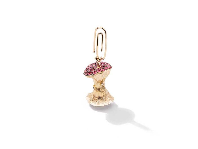 Aurelie Bidermann ruby and diamond Big Apple pendant in yellow gold.