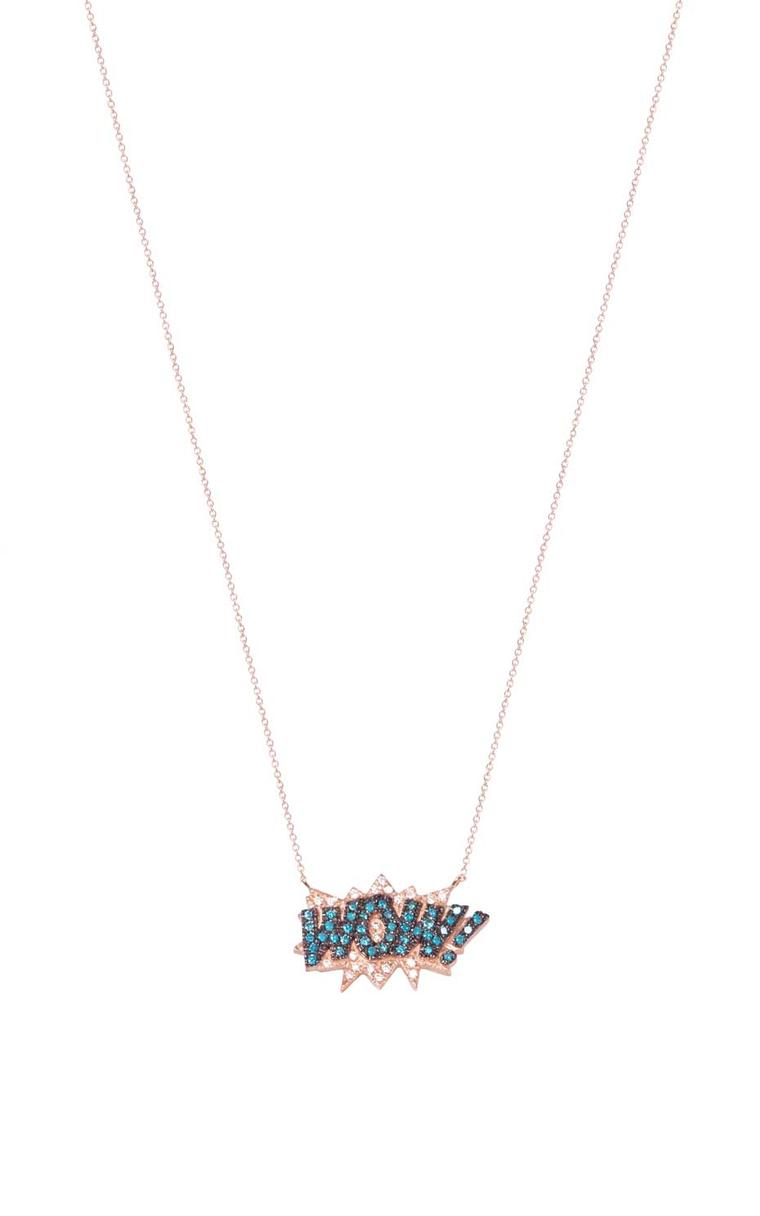 This Diane Kordas Wow necklace features white and blue diamonds on an 18ct rose gold chain.