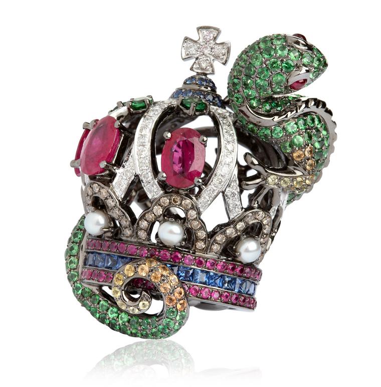 Wendy-Yue-Fantasie-Jubilee-18ct-white-gold diamond sapphire garnet-and-ruby-Lizard-ring