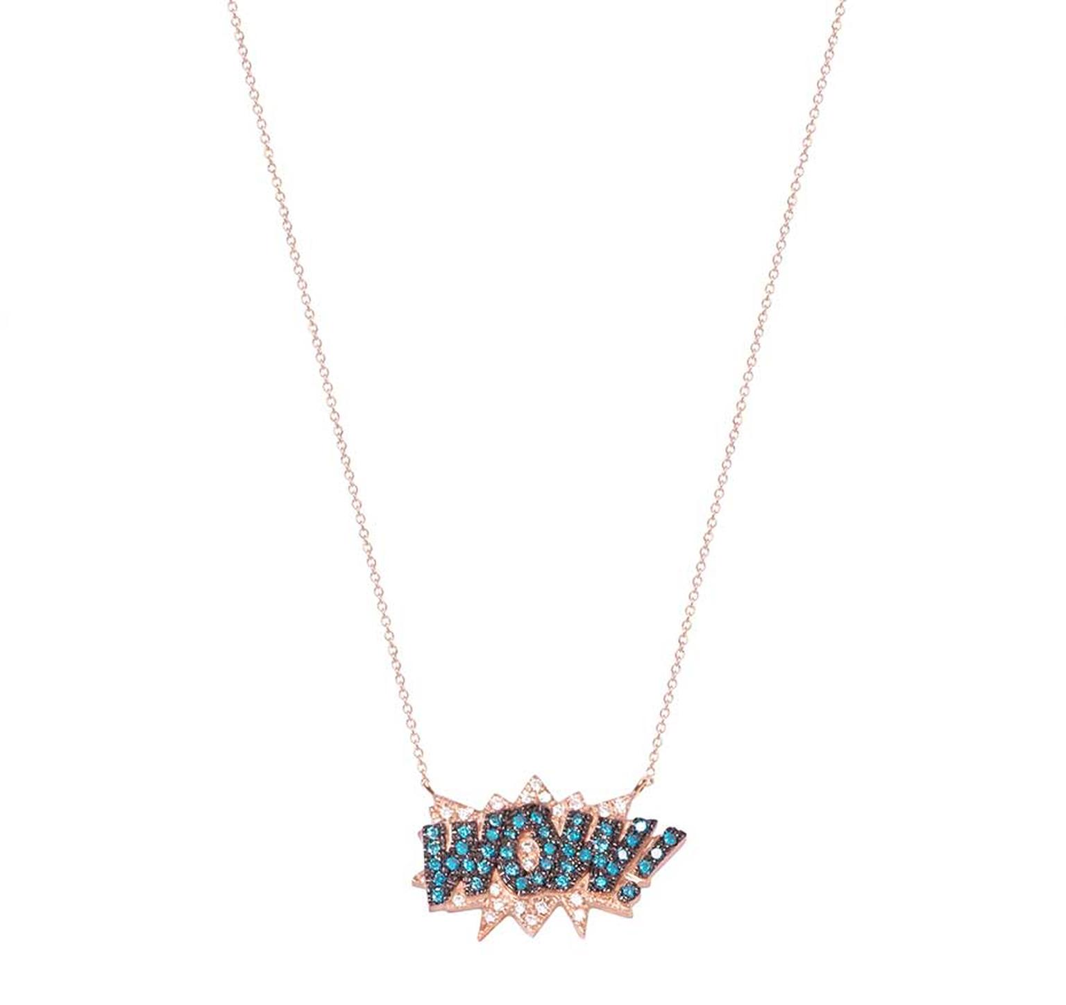 Diane Kordas Wow necklace with white and blue diamonds on a rose gold chain.