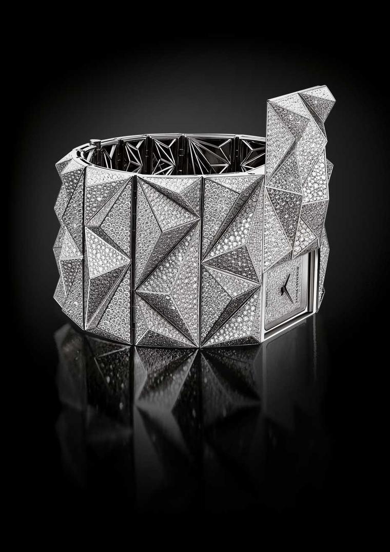 Featuring a dazzling 7,847 snow-set diamonds, sharp, clean-cut geometrics form a cuff bracelet on the Audemars Piguet Diamond Punk watch, with the dial hidden behind a secret sliding cover, on which a further 300 dazzling diamonds are set.