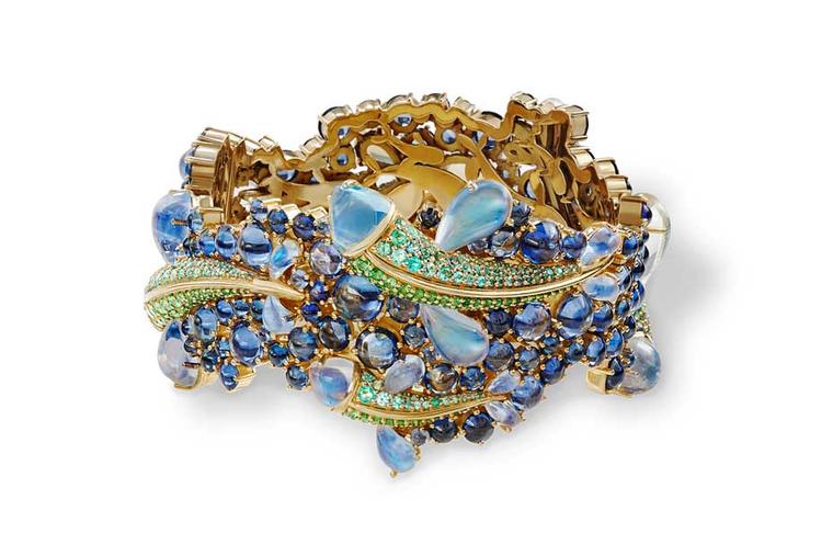 Temple St. Clair Flying Fish bracelet in yellow gold, set with Royal Blue moonstones, sapphires, tsavorites and Paraiba tourmalines, from the new Mythical Creatures from the Golden Menagerie high jewelry collection.