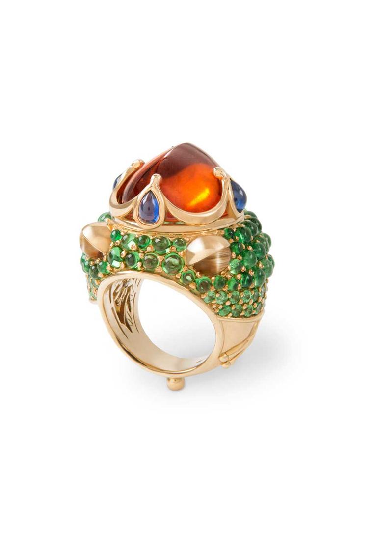 Temple St. Clair's Mythical Creatures from the Golden Menagerie collection contains 9 pieces, including this Frog Prince ring set with a mandarin garnet, tsavorites, sapphires and cat's eyes.