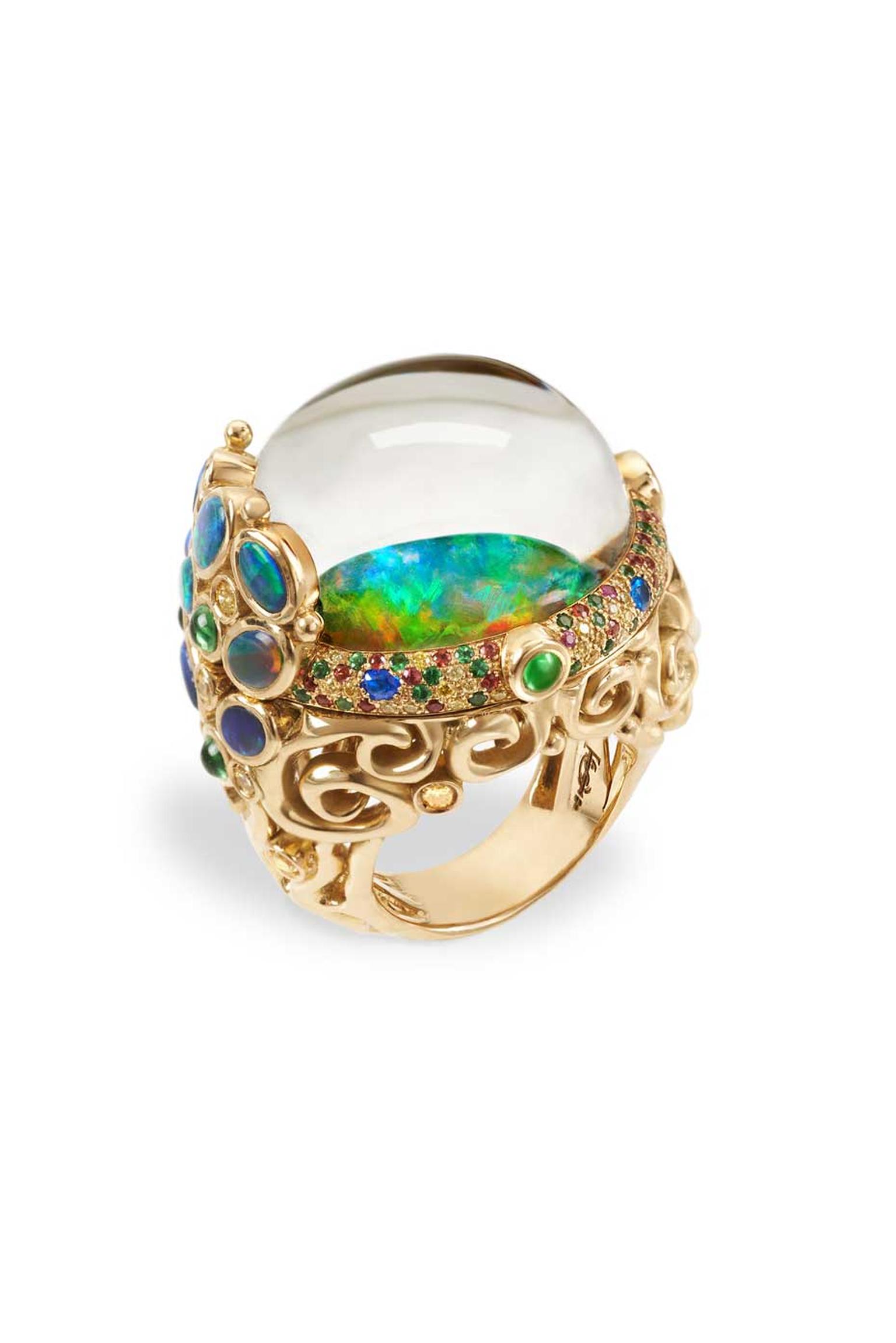 Temple St. Clair Medusa Moon Jellyfish ring featuring a rare, luminous Australian Andamooka opal, Lightning Ridge black opals, sapphires, tsavorites, hauyne and rock crystal.