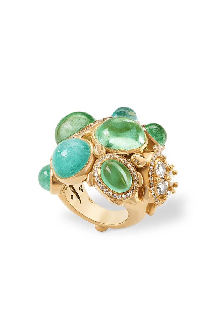 Temple St. Clair Turtles on the Rocks Ring set with Paraiba tourmalines and diamonds.