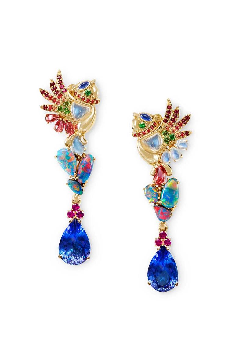 Temple St. Clair Phoenix Chicks earrings with tanzanite, black opal, tourmaline, moonstone, tsavorite and sapphire.