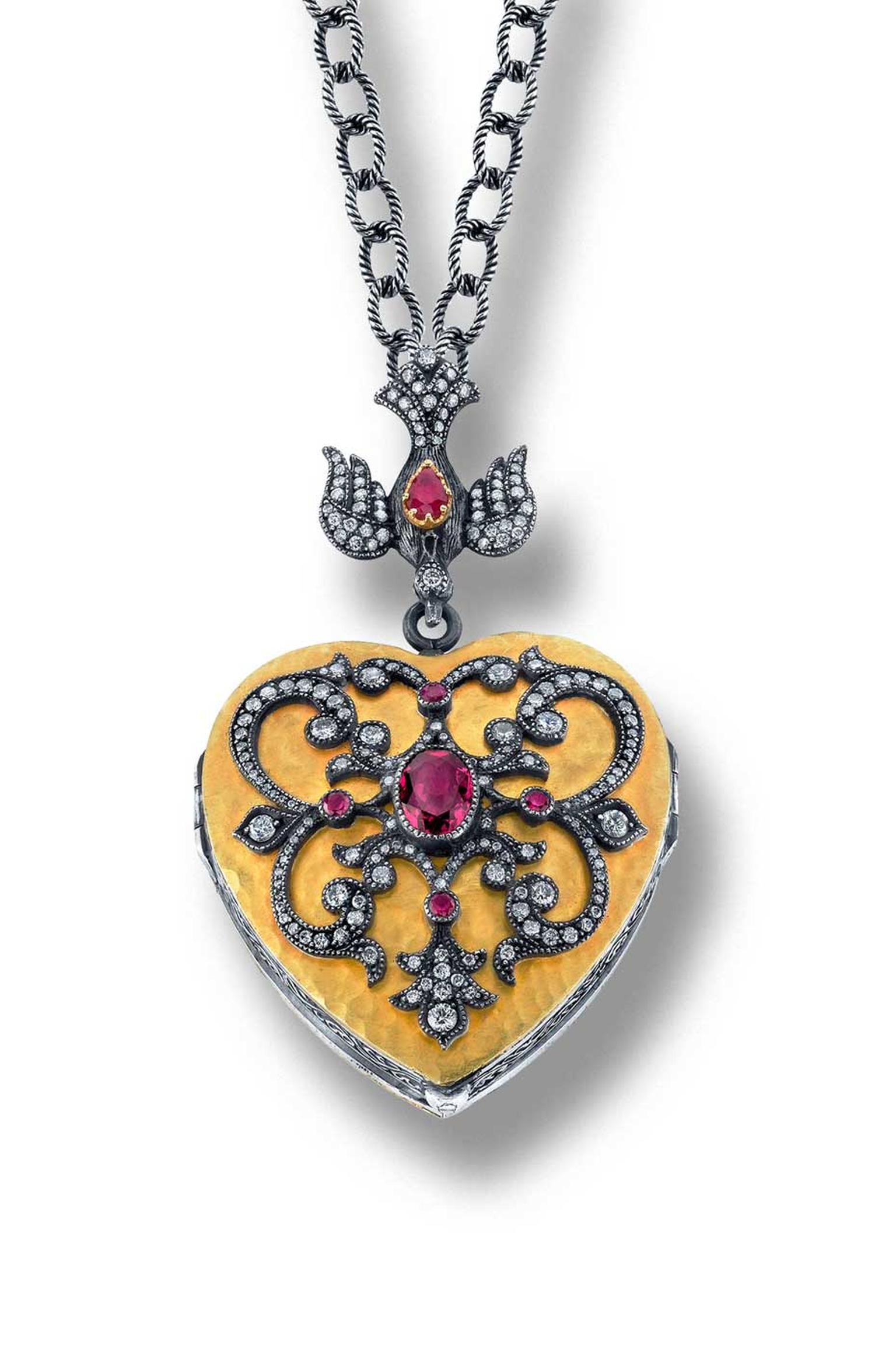 Arman Sarkisyan Heart locket with rubellites and diamonds in 22ct gold and oxidised silver.