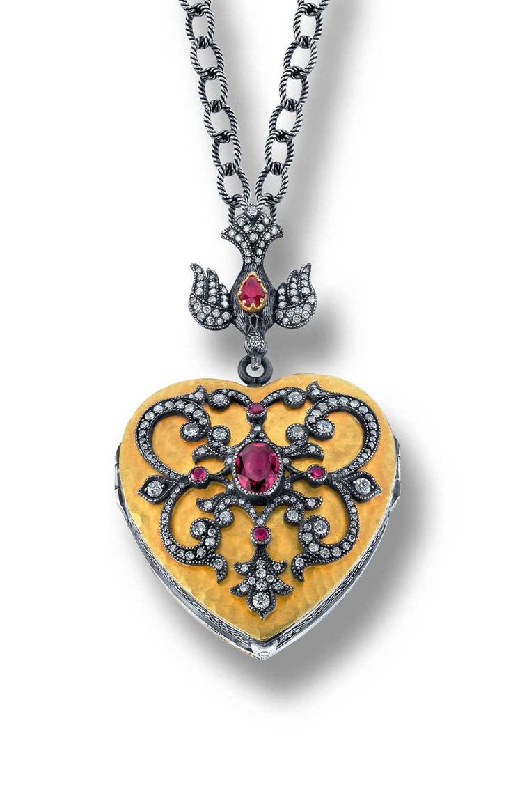Arman Sarkisyan Heart locket with rubellites and diamonds in 22ct gold and oxidised silver.