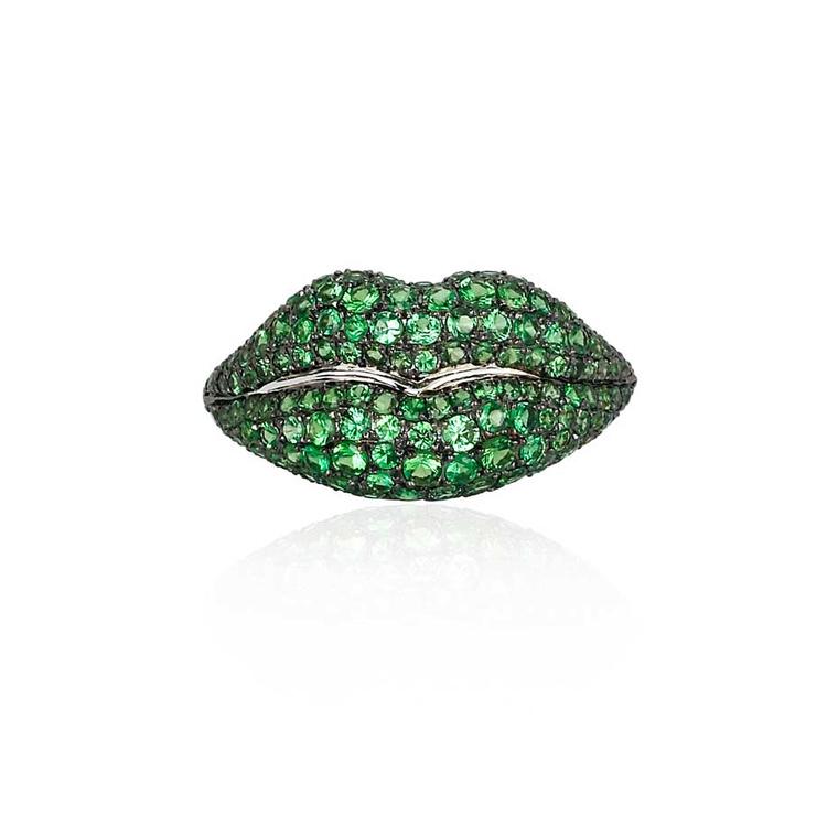 Colette Lips ring in gold set with pavé tsavorites.