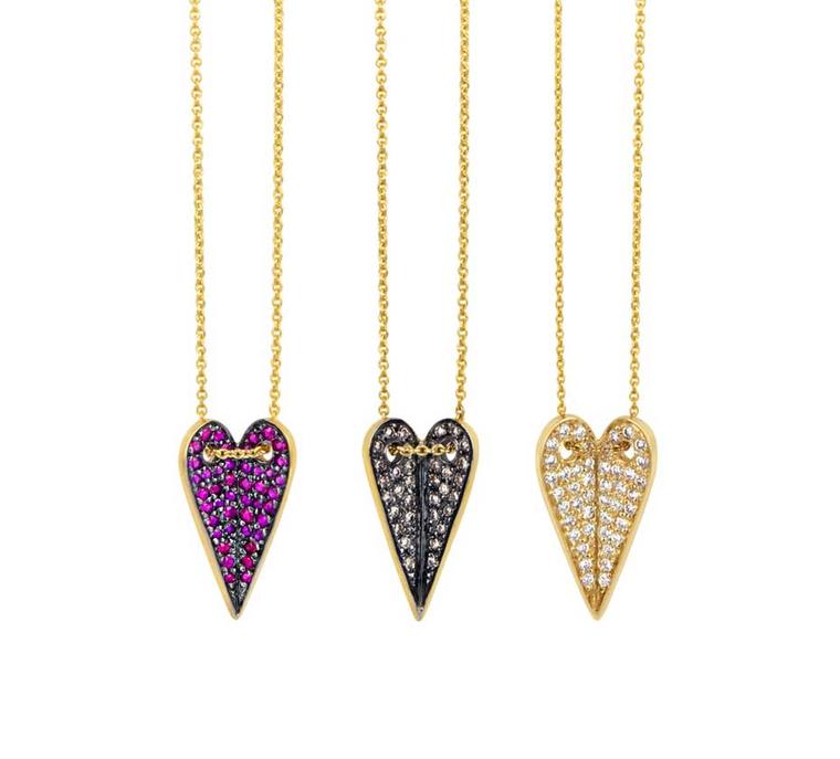 Elena Votsi Heart necklaces with sapphires, black diamonds and white diamonds, from the Eros collection.