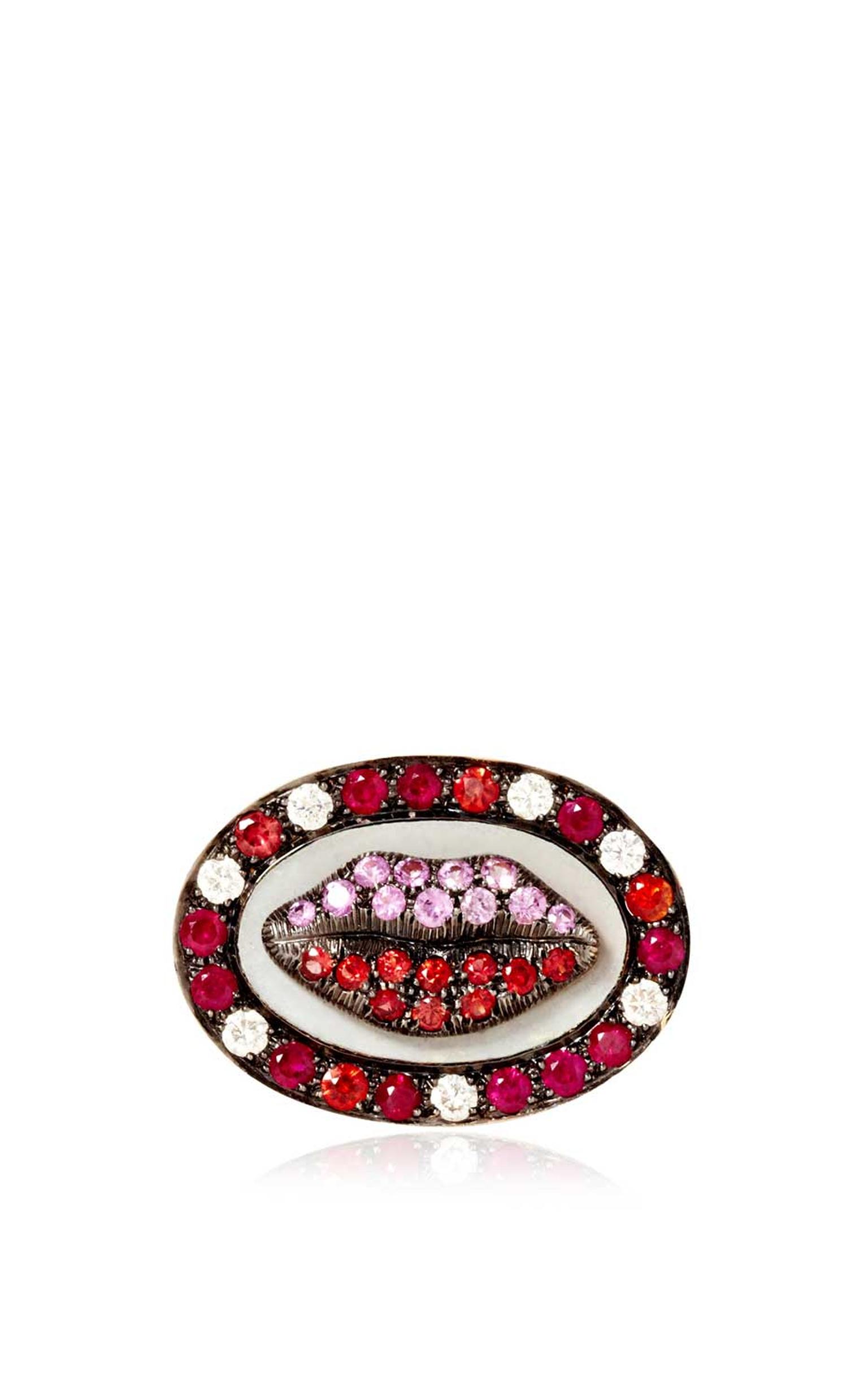 Holly Dyment Glam Madame Lip ring with pink sapphires, rubies and diamonds.