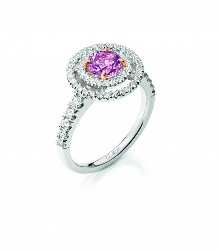 Calleija Aurora pink diamond engagement ring, set with a 0.86ct Fancy Intense Purplish Pink Argyle diamond.