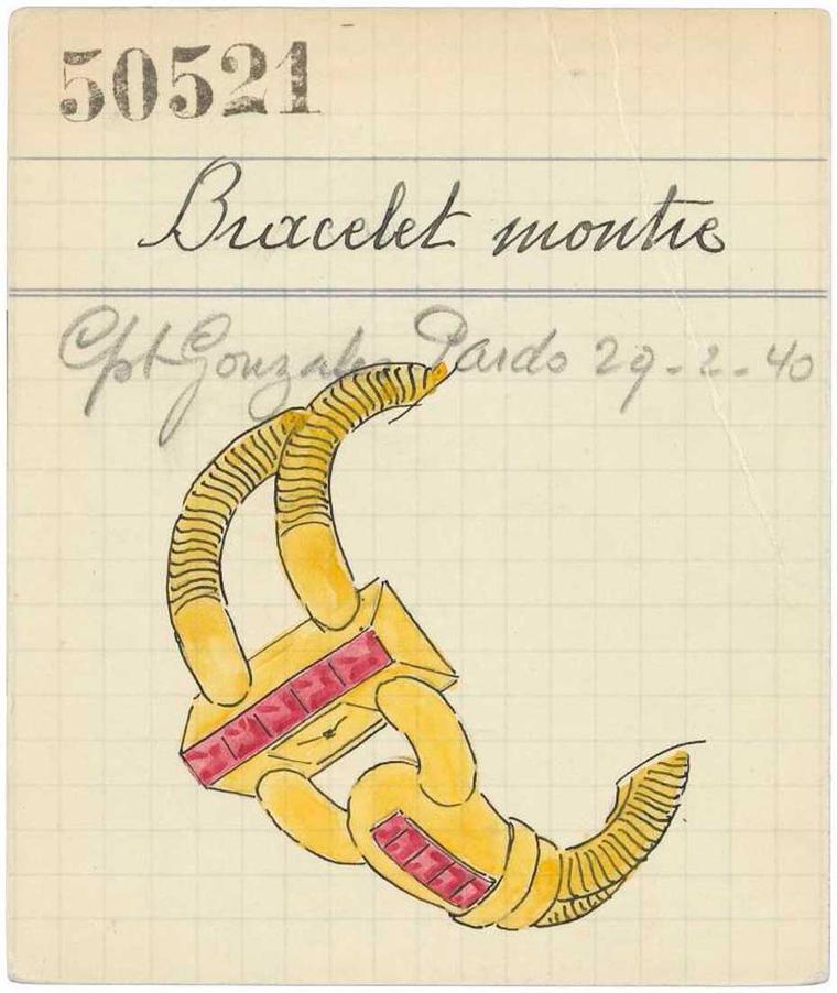 An early retail card featuring a sketch of a Van Cleef & Arpels Cadenas watch, originally created in 1935 and inspired by the American socialite Wallis Simpson.