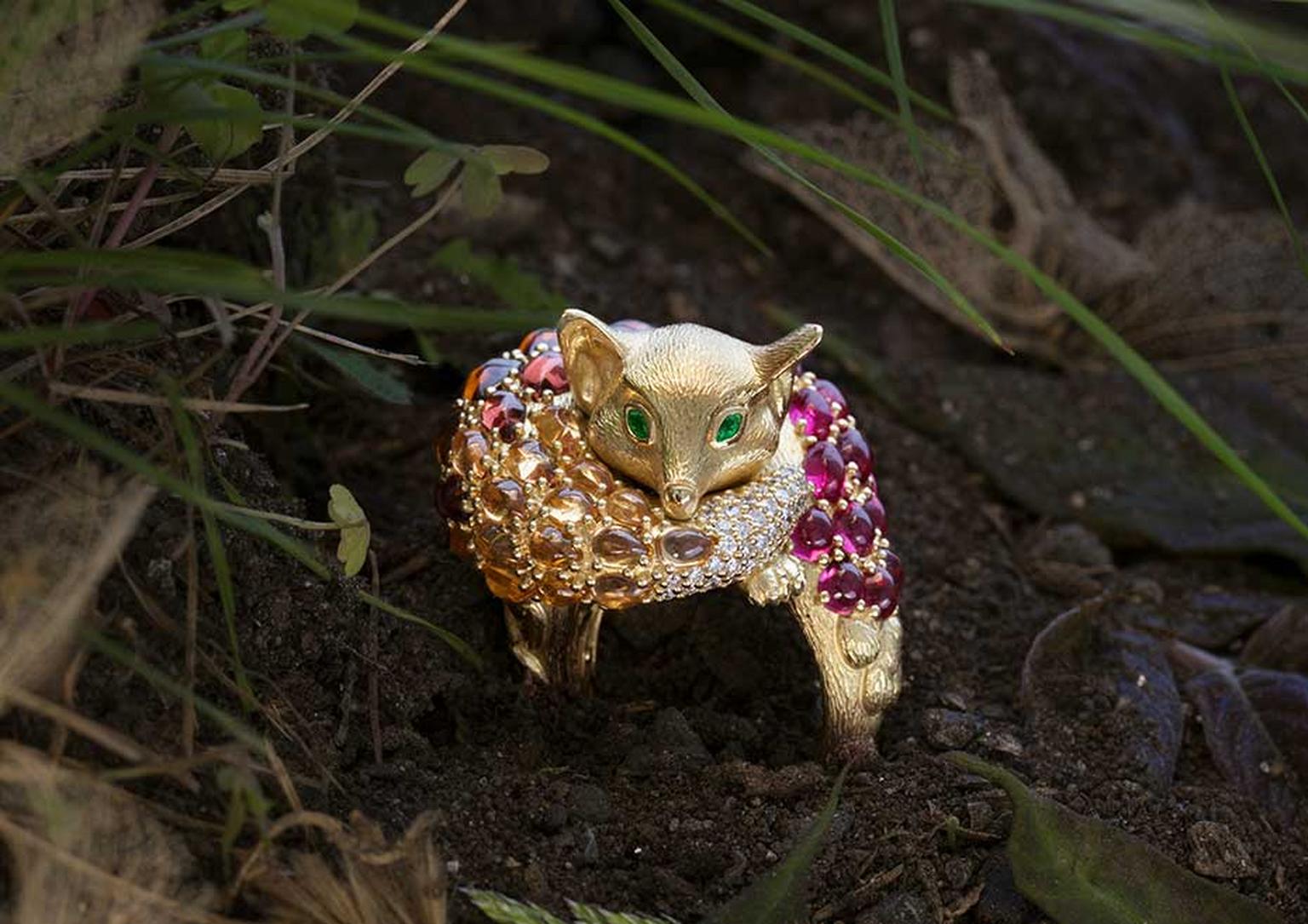 Temple St. Clair Sleeping Fox ring in yellow gold with spinels, mandarin garnets, diamonds and emeralds for eyes.