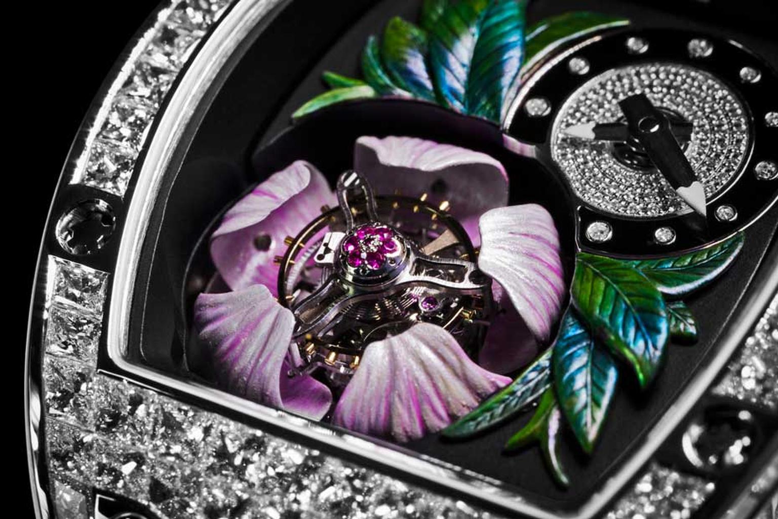 Richard Mille's new RM 19-02 Tourbillon Fleur watch recreates a magnolia flower protecting a flying tourbillon escapement with its five pink-coloured gold petals.