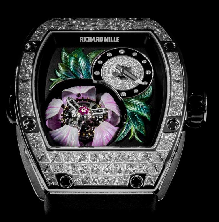 The new Richard Mille RM 19-02 Tourbillon Fleur watch is set with diamonds on the bezel, flange and hour dial.