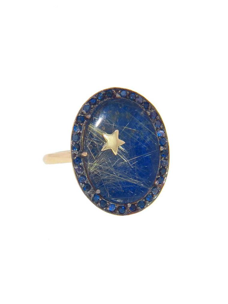 Andrea Fohrman oval lapis lazuli and rutilated quartz ring with blue sapphires, from the Celestial collection. Available at ylang23.com.