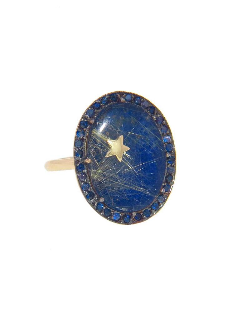 Andrea Fohrman oval lapis lazuli and rutilated quartz ring with blue sapphires, from the Celestial collection. Available at ylang23.com.