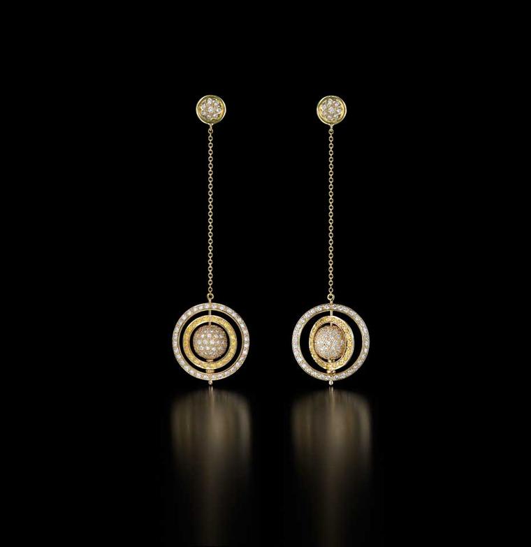 Liv Ballard Spinning Orb earrings in gold with yellow and white pavé diamonds.