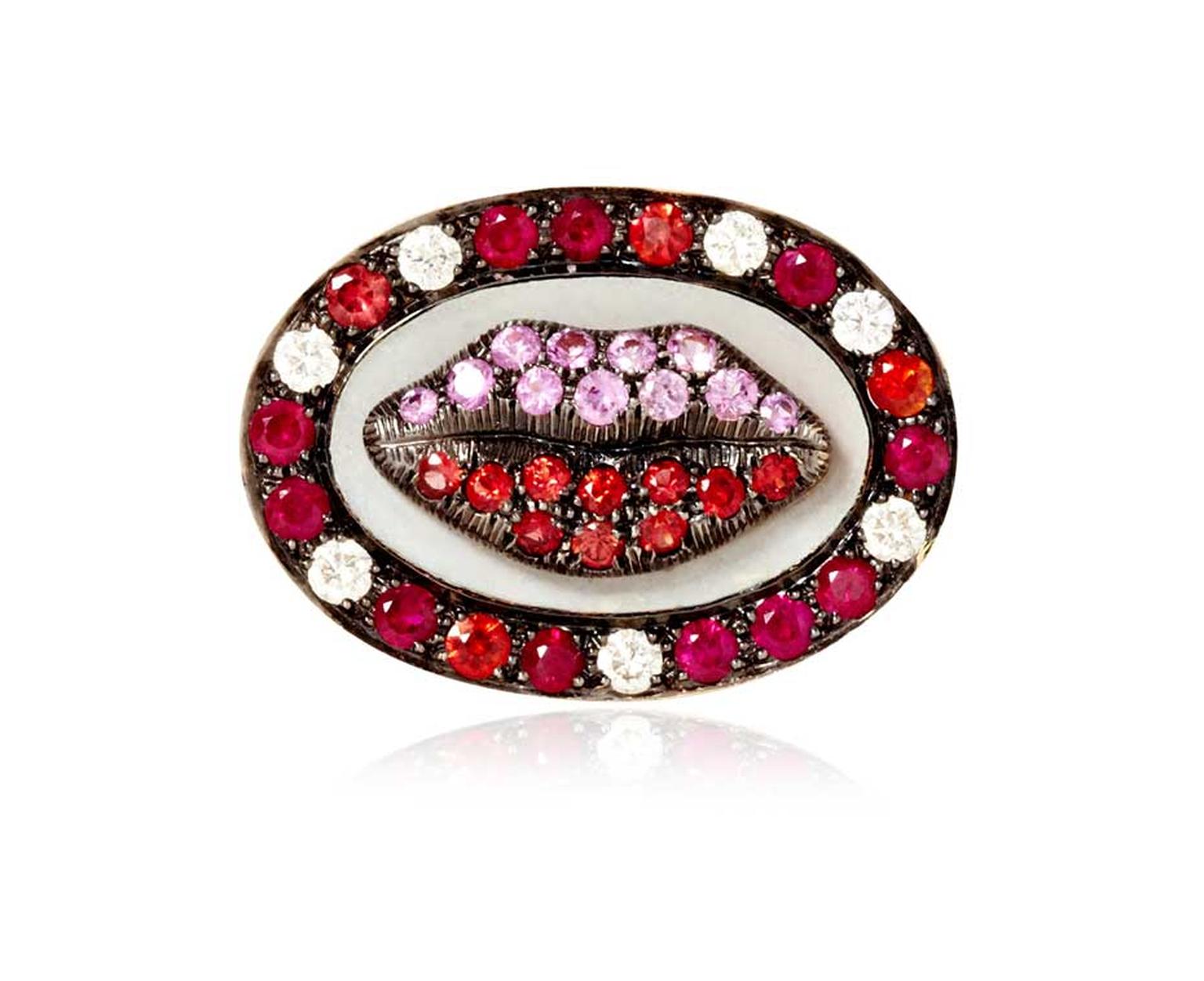 Holly Dyment Glam Madame Lip ring with pink sapphires, rubies and diamonds.