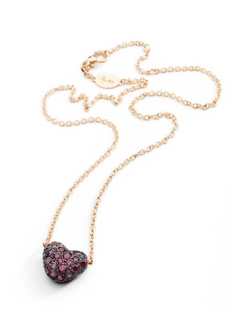 Pomellato heart-shaped Tabou necklace in rose gold and silver with rhodolite.