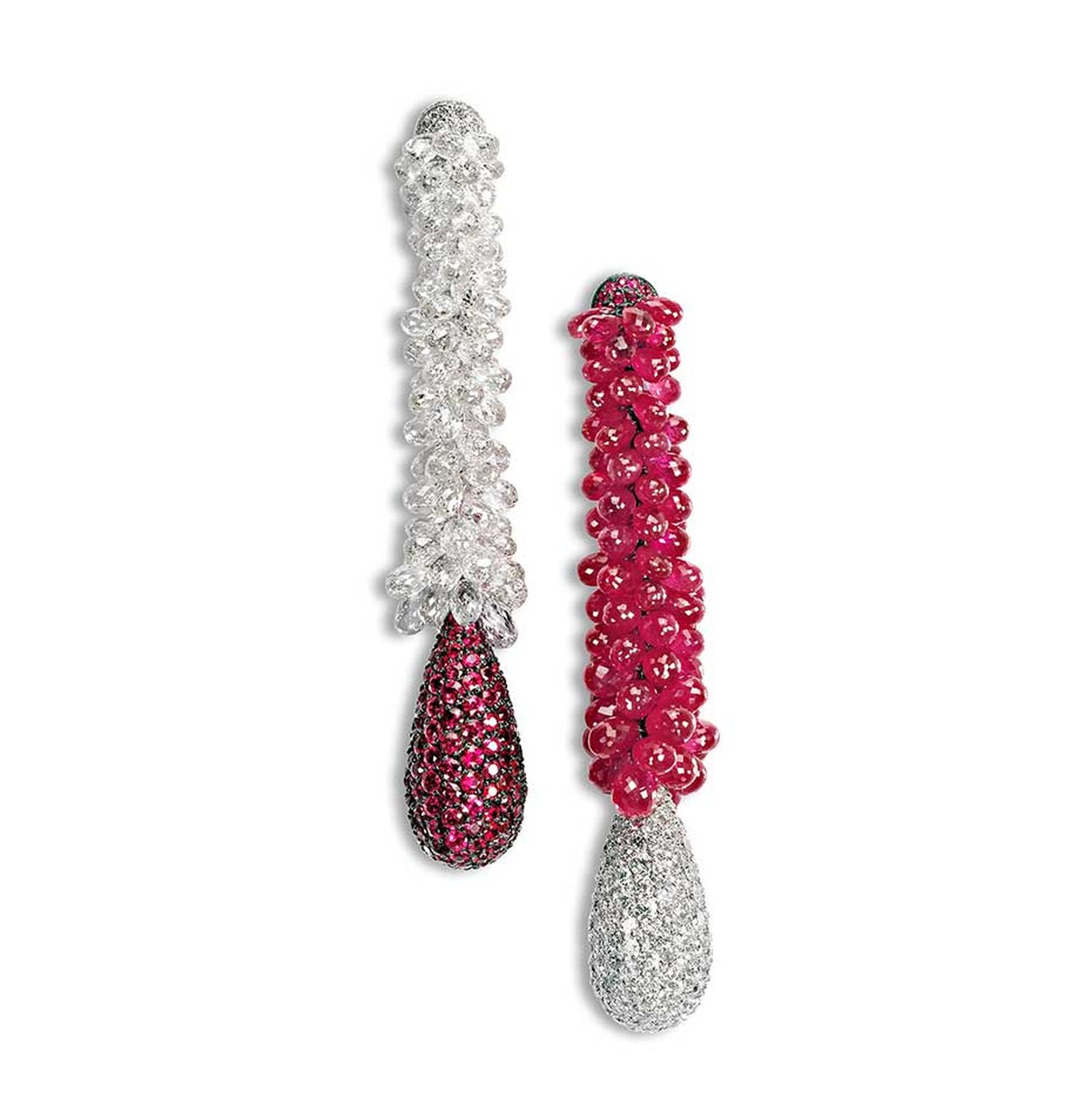 de GRISOGONO Boucles d’Orielle high jewellery white diamond and ruby earrings.