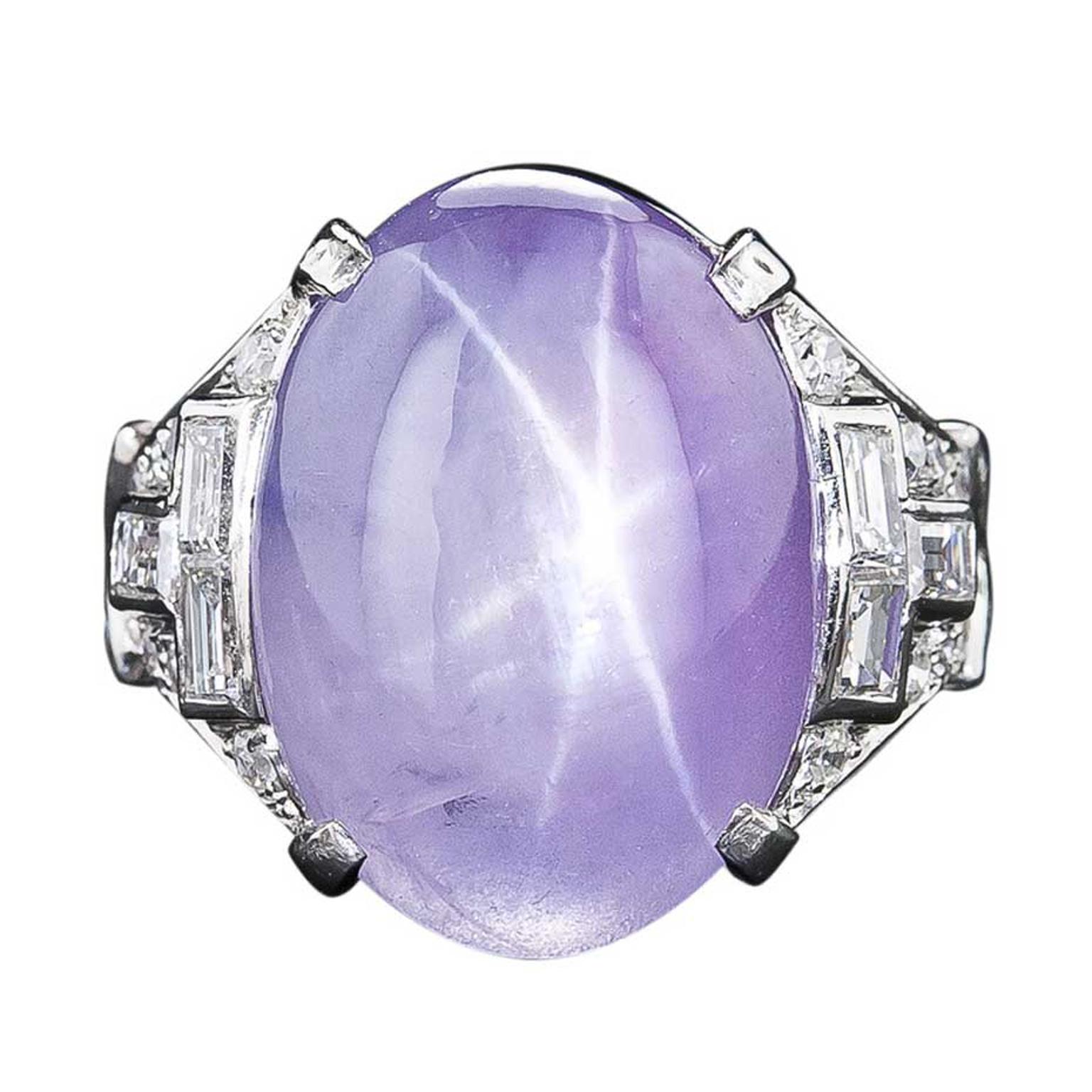 Art deco lavender star sapphire ring in platinum with
