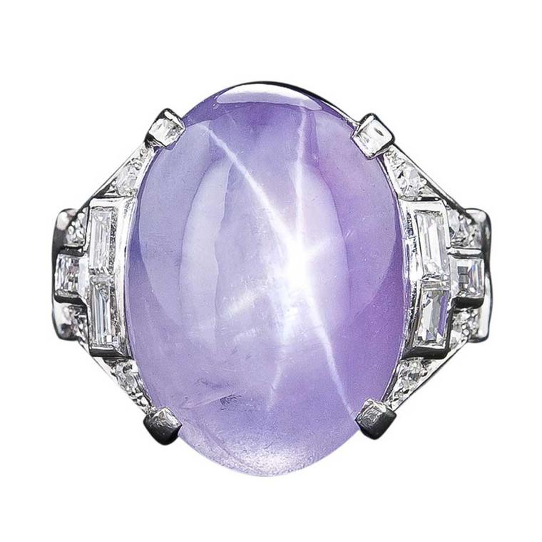 Art deco lavender star sapphire ring in platinum with diamonds. Available at 1stdibs.com.