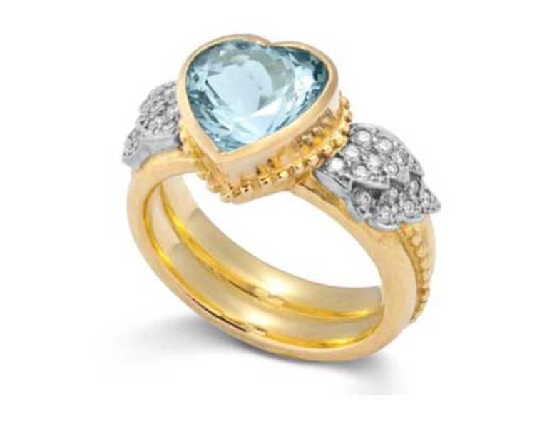 Sophie Harley aquamarine ring, set with a 2.5ct heart-shaped aquamarine flanked by pavé diamond wings.