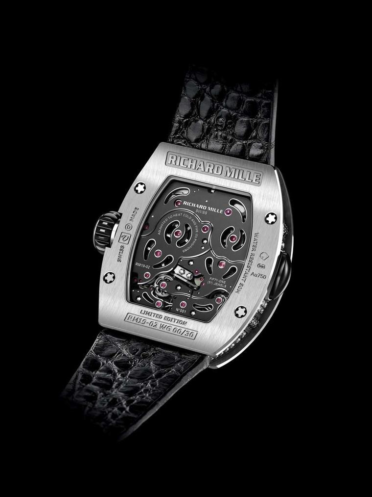The tonneau-shaped case, made of three different layers, is a hallmark of Richard Mille watches and houses calibre RM19-02, a manual-winding tourbillon movement with hours, minutes and an automaton mechanism.