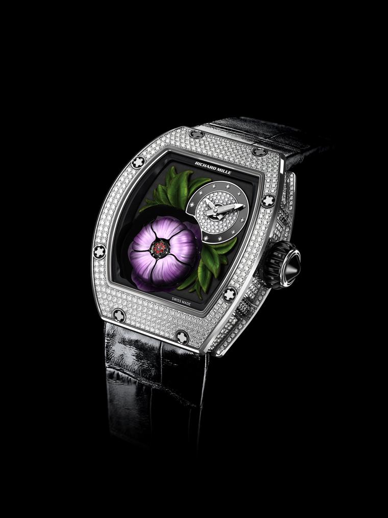 The fun really begins on the new Richard Mille Tourbillon Fleur watch when the magnolia flower opens and closes its petals at intervals of five minutes, or on demand using a pusher located at 9 o'clock.
