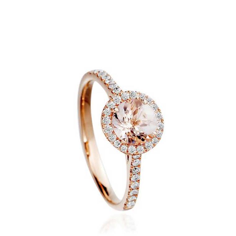 Astley Clarke Morganite Tearoom ring with a round-cut morganite surrounded by diamonds bezel set in rose gold.