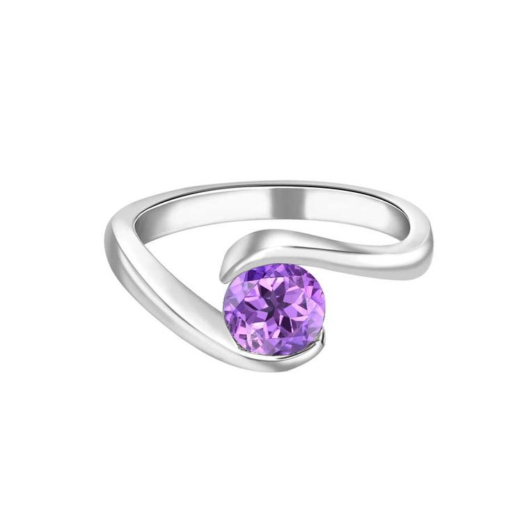 Ingle & Rhode Rhapsody purple sapphire engagement ring in platinum, set with a 0.82ct round-cut purple sapphire from a Fairtrade co-operative in Sri Lanka.