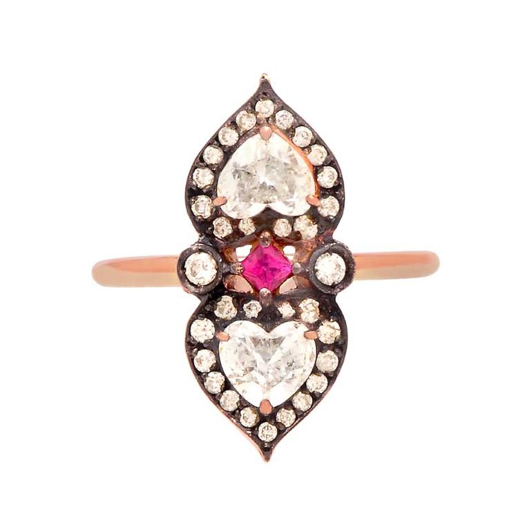 Sabine G Heart to Heart ruby engagement ring in rose gold with two heart-shaped diamonds.