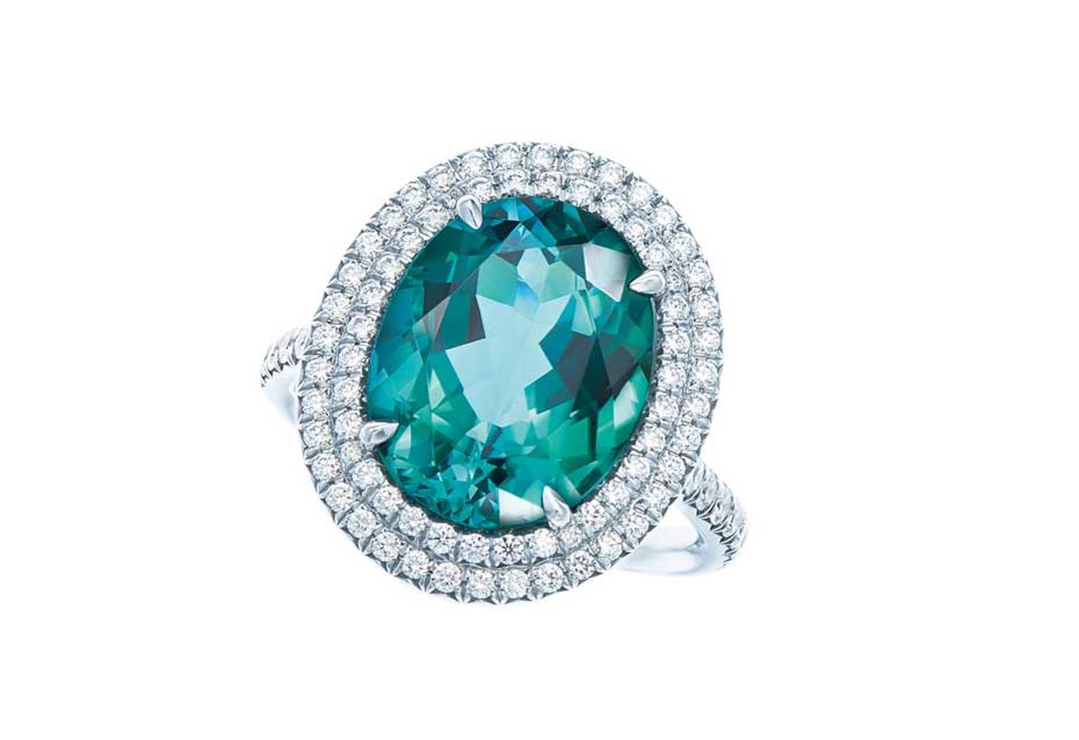 Tiffany Soleste ring in platinum with diamonds and oval-cut green tourmaline.