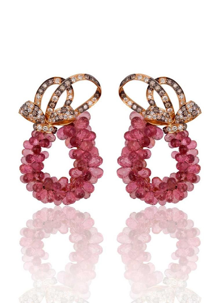 Mirari earrings set with rubellite briolettes in yellow gold.