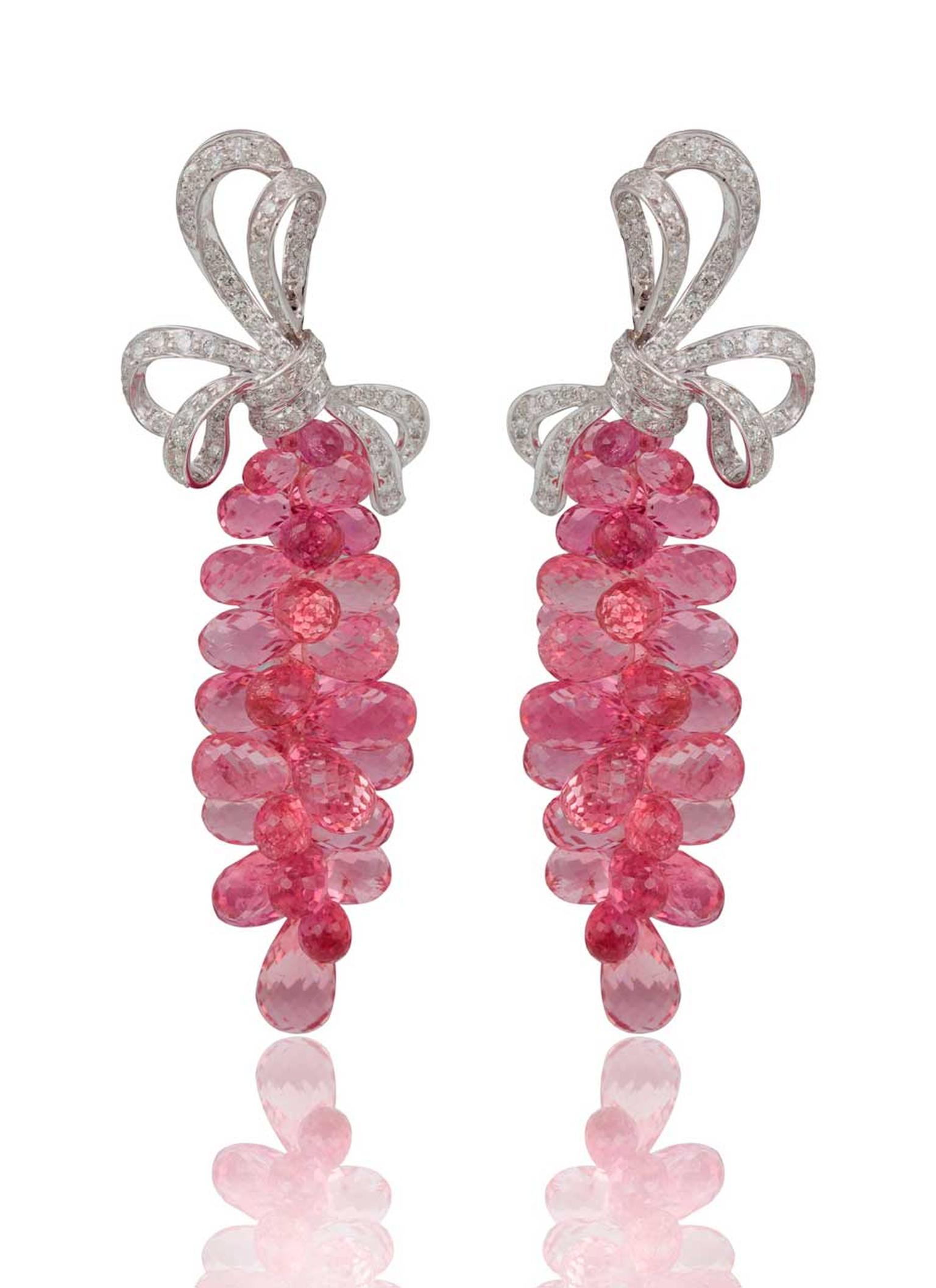 Mirari earrings in white gold with rubellite briolettes and diamonds.