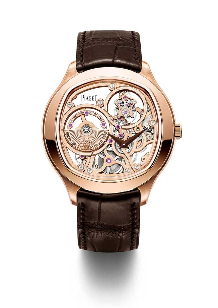 The new Piaget Emperador Coussin 1270S in a 46.5mm rose gold case boasts an all-gold movement.