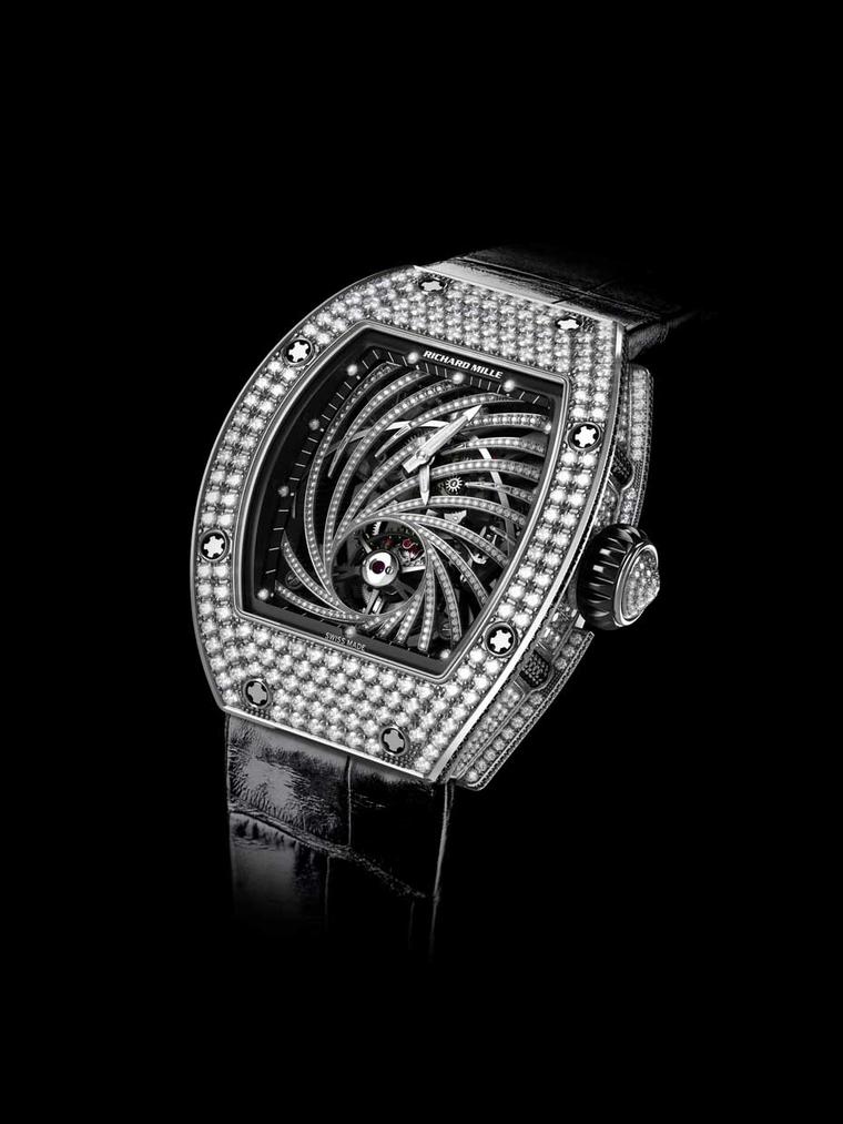 The new Richard Mille RM 51-02 Tourbillon Diamond Twister features a diamond-embedded spiral that emanates from the tourbillon escapement at 6 o'clock.