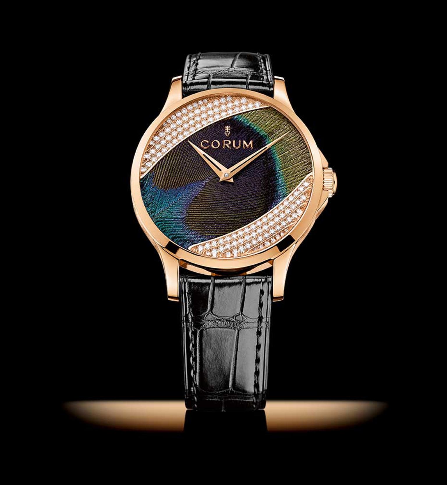 Corum Feather watch presented in a 39mm red gold case with a dial set with peacock fathers framed by 120 round-cut diamonds.